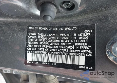 2021 Honda Civic Ex из США, поврежденный, VIN SHHFK7H64MU226943